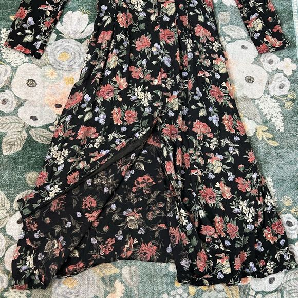 Vintage 90s Black Floral Boho Goth Maxi Midi dress Button Up Long Sleeve - Picture 12 of 14
